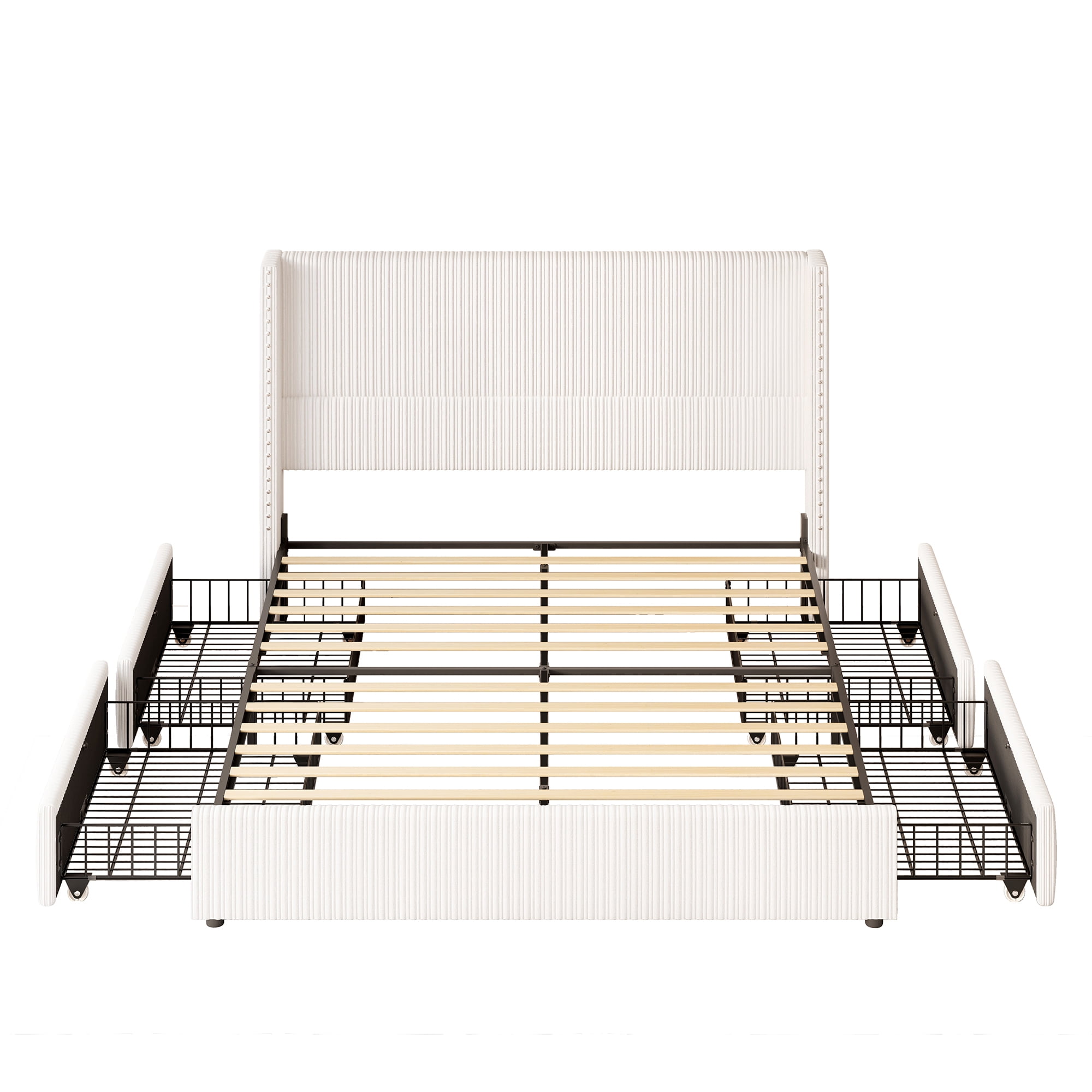 Larmace Upholstered Corduroy Bed Frame King Size with 4 Storage Drawers,Platform Bed Frame with Vertical Stripe Wingback Headboard,Beige
