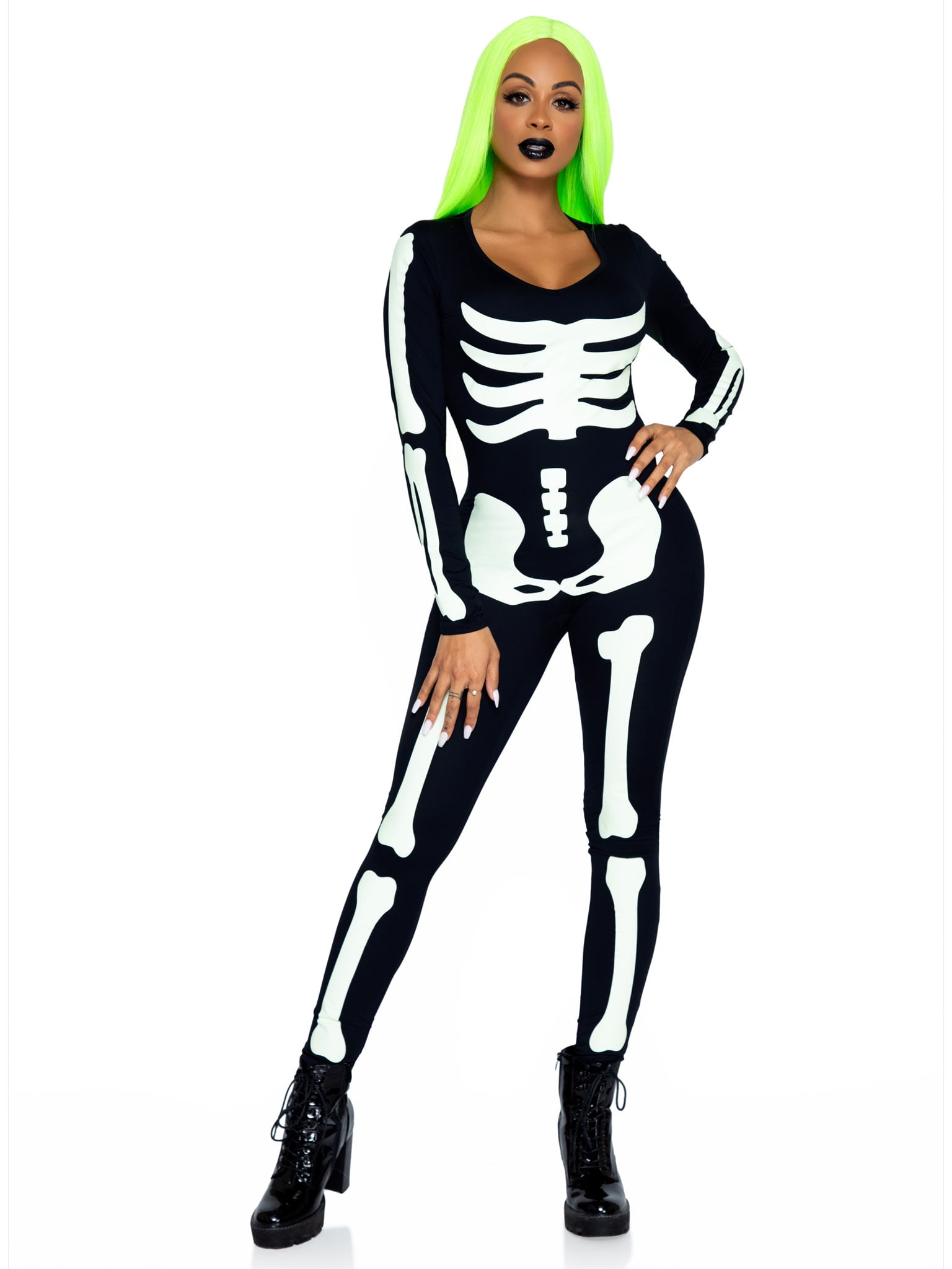 Women`s Colourful Skeleton Costume S XL Ladies Halloween Jumpsuit Fancy Dress 