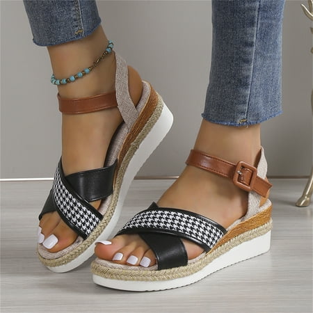 

Aayomet Flat Sandals for Women Ladies Fashion Summer Thousand Bird Checker Open Toe Buckle Wedge Sandals Black 8.5