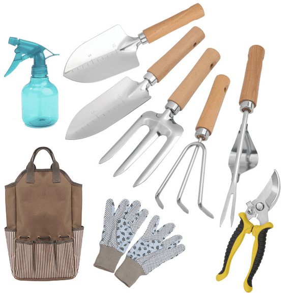 TTLanZJLSY Garden Tools Set, a 9-piece heavy-duty gardening tool kit with anti-slip wooden handles, a storage handbag, outdoor hand tools, and an ideal gardening tool gift