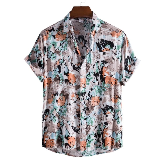 QUINDOS Mens Hawaiian Shirts Short Sleeve Casual Summer Button Down Cotton Linen Shirts Tropical Print Vacation Loose Beach Shirts