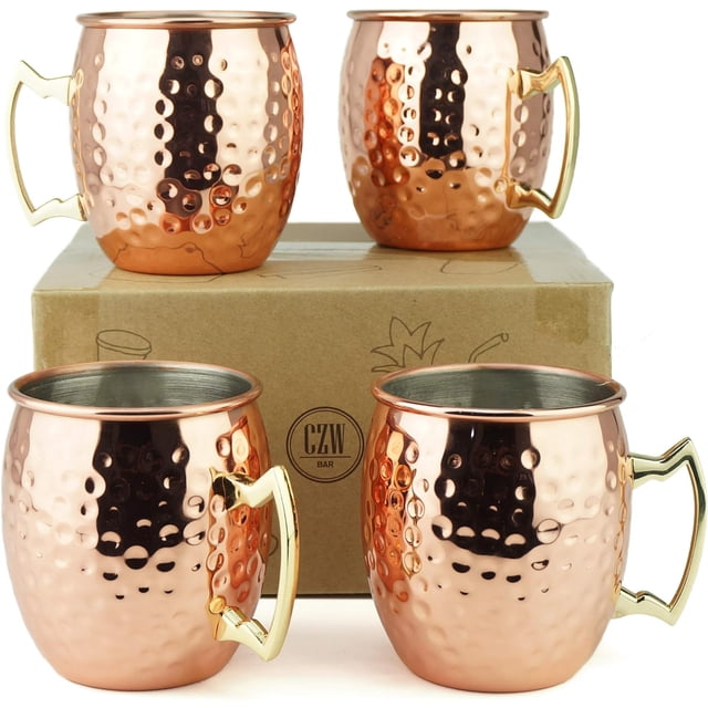 Tazas Moscow Mule - Juego de 4 - Tazas sólidas 100% artesanales, tazas de cobre de 500 ml, baño de cobre puro y asas de latón dorado. 9,4 cm de diámetro x 10 cm de alto.