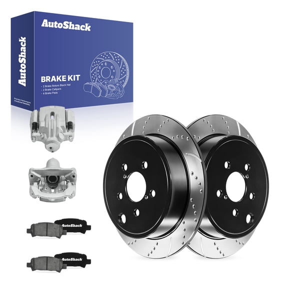 AutoShack Rear Solid Drilled & Slotted E-Coated Brake Rotors   Ceramic Pads   Calipers 8-PC Brake Kit Replacement for 2010 Subaru Legacy ShadowGuard 11.25" (285.8 mm)