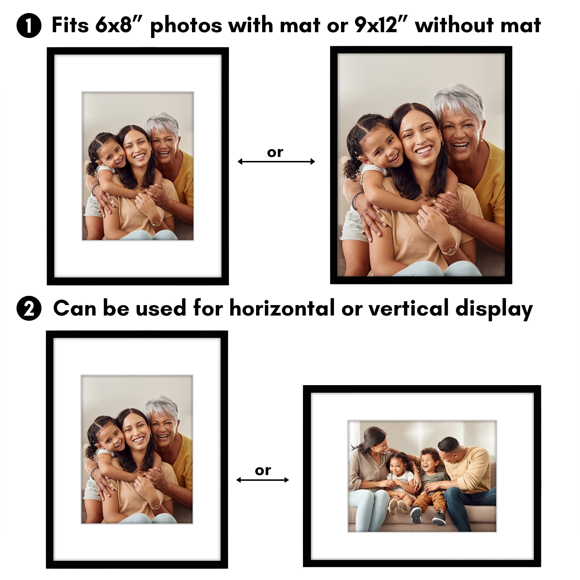 Americanflat 9x12 Picture Frame with Shatter-Resistant Glass with 6x8 Mat 2 Pack Display Photo Wall - Black