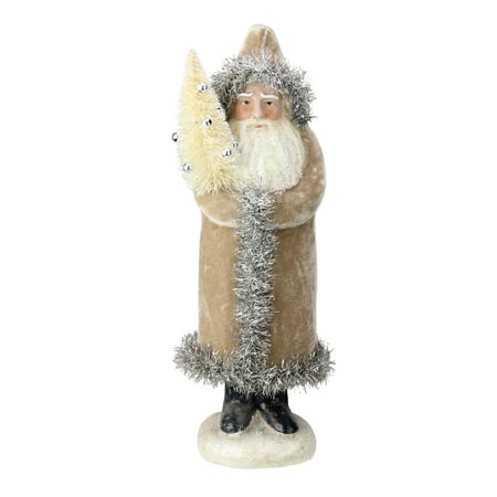 Ultra Velvet Santa - 13” Tan Velvet Glittered Woodland Santa Claus Christmas Tabletop Figurine