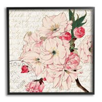 Stupell Industries Vintage Pink Floral Arrangement Ornate Script Stamp Graphic Art Black Framed Art Print Wall Art, Design by Kim Allen