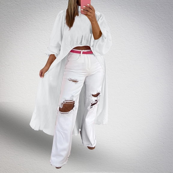 Maqroz Sun Protection Shirt for Women High Neck Back Zipper UPF 50 UV Loose Fit Rash Guard Long Sleeve Cover Up High Low Hem Fashion Tops White S