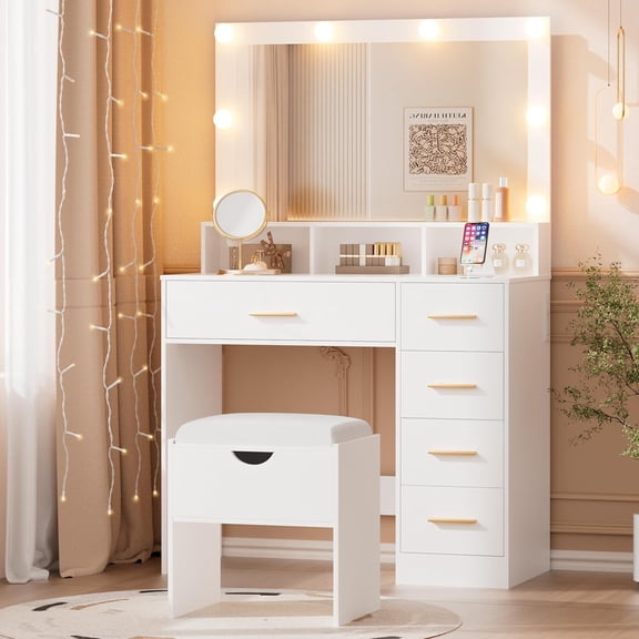 Vanity Desk with Mirror and Lights, 35.43" Large Mirror Makeup Table with Stool, 5 Drawers Dressing Table for Girls and Ladies Bedroom, White and Gold