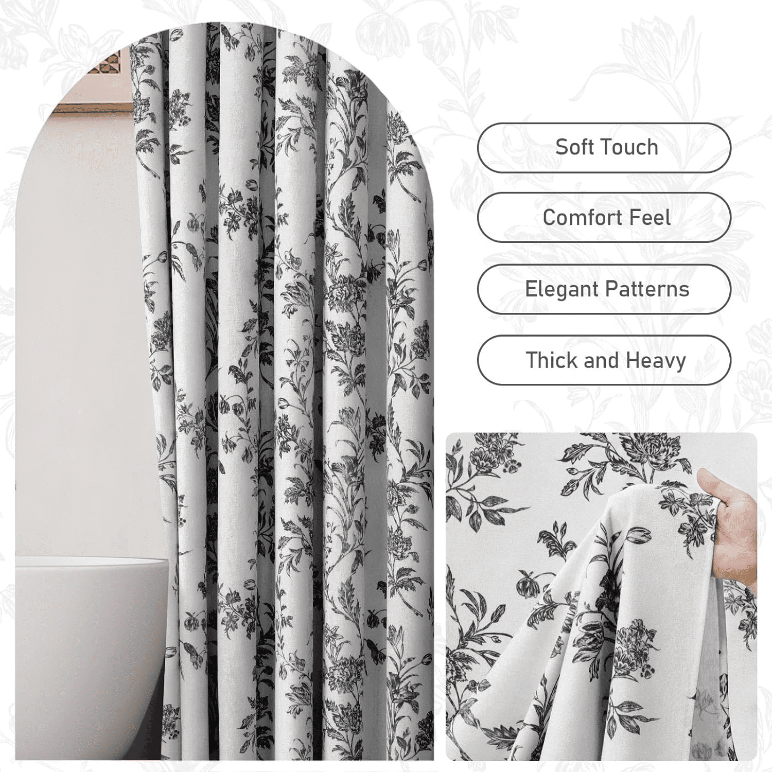 Psoiuetr Black and White Shower Curtain,Cotton Floral Cottagecore Spring Shower Curtain for Bathroom 72" W x 72" L