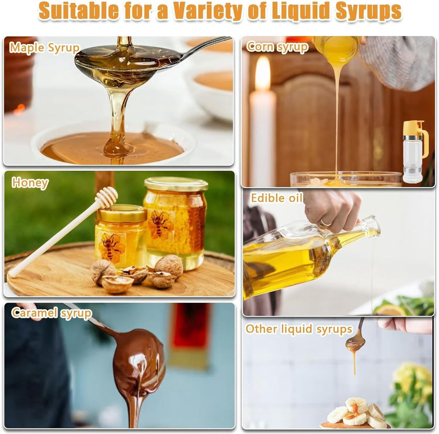 Honey Dispenser No Drip with Base, 10oz Glass Honey Dispenser with Handle, Mess Free Syrup Dispenser, Pressure Design for Quantitative Honey Extraction Syrup and Jam (Yellow)