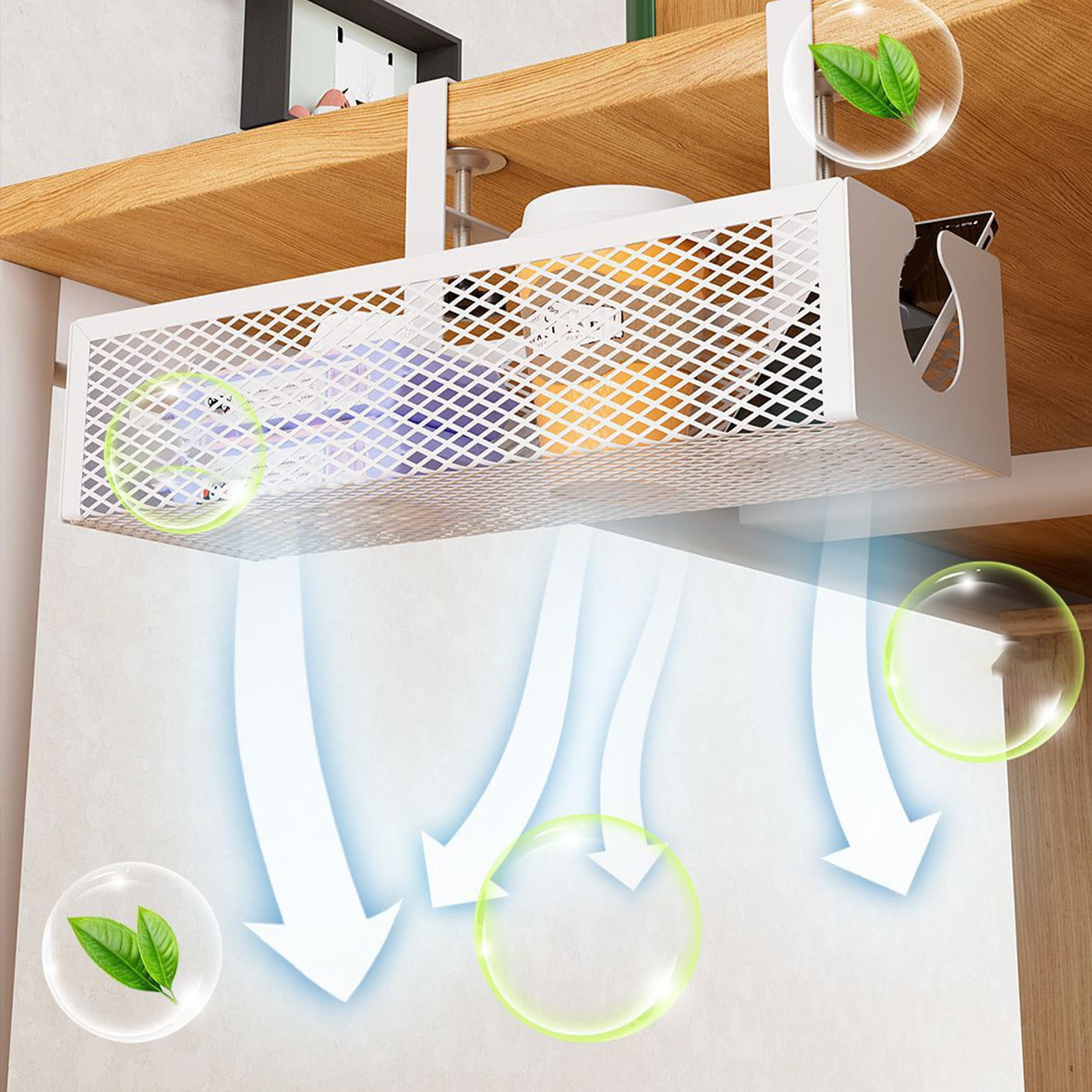 Under Desk Storage Basket, Cable Management Organizer, No Drill Adhesive Mount, Stainless Steel Office Shelf, Large Capacity Desktop Organizer