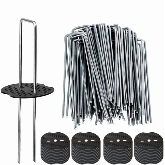 GIXUSIL Garden Stakes Staples Kit, 50Pcs 6 Inch U-Shaped Landscape Staples, 50Pcs Balck Fixing Gasket for Weed Barrier Fabric, Ground Cover, Holding Fence and Artificial Turf