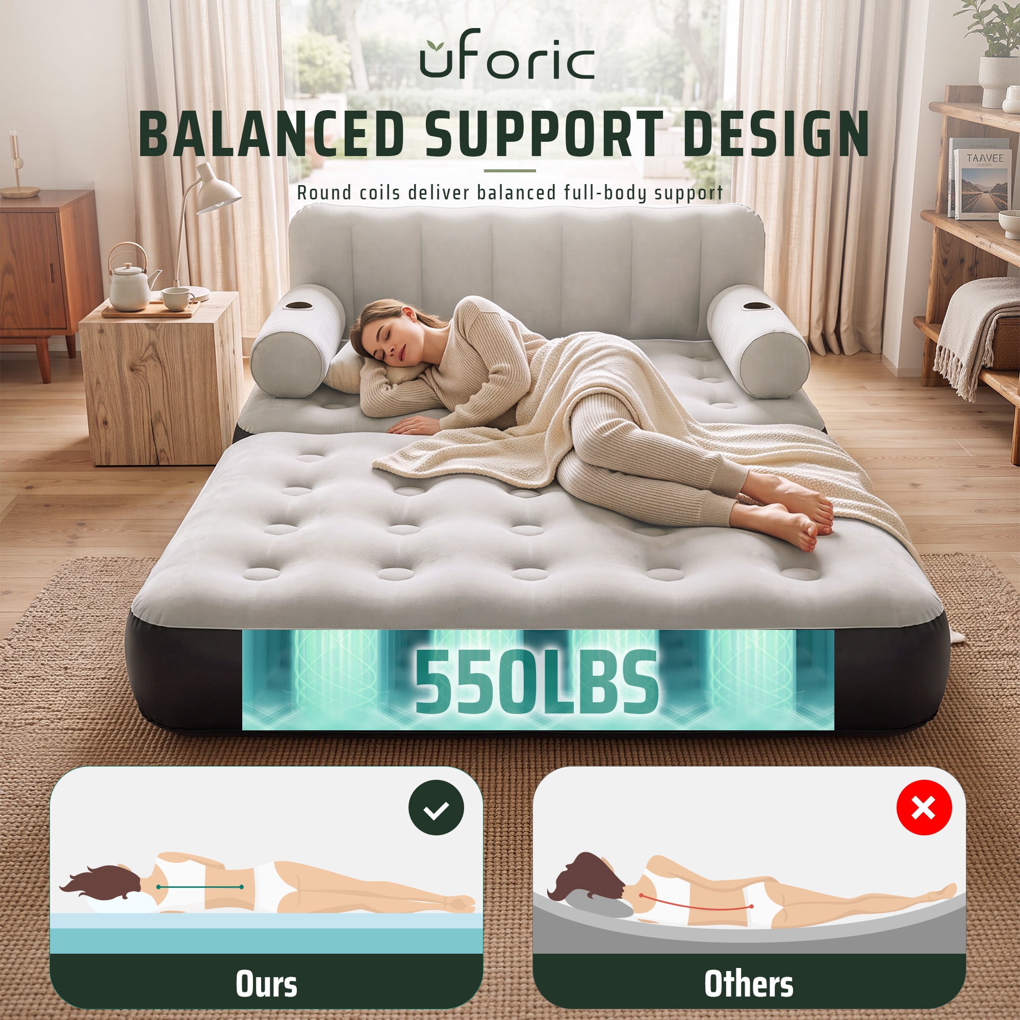 Uforic 3-Piece Convertible Air Sofa Bed Set, Queen + 2 Twin Inflatable Mattress with Headboard, Cup Holders, Pump & Carry Bag for Home Camping, Gray