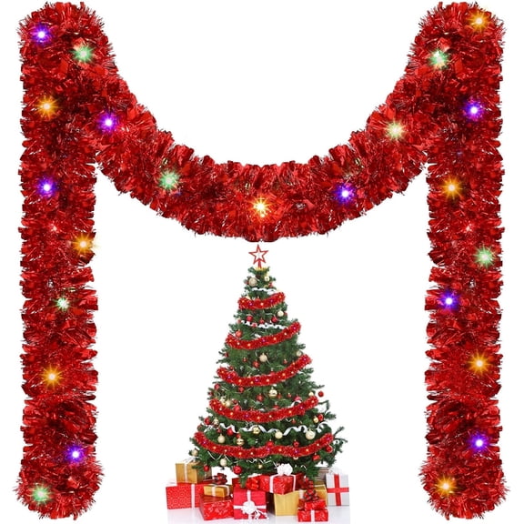 Christmas Garland Decoration,Xmas Garlands with LED Lights,16.4 ft Lighted Christmas Artificial Greenery Garlands,Battery Powered String Light for Party Home Garden Outdoor Indoor,Red