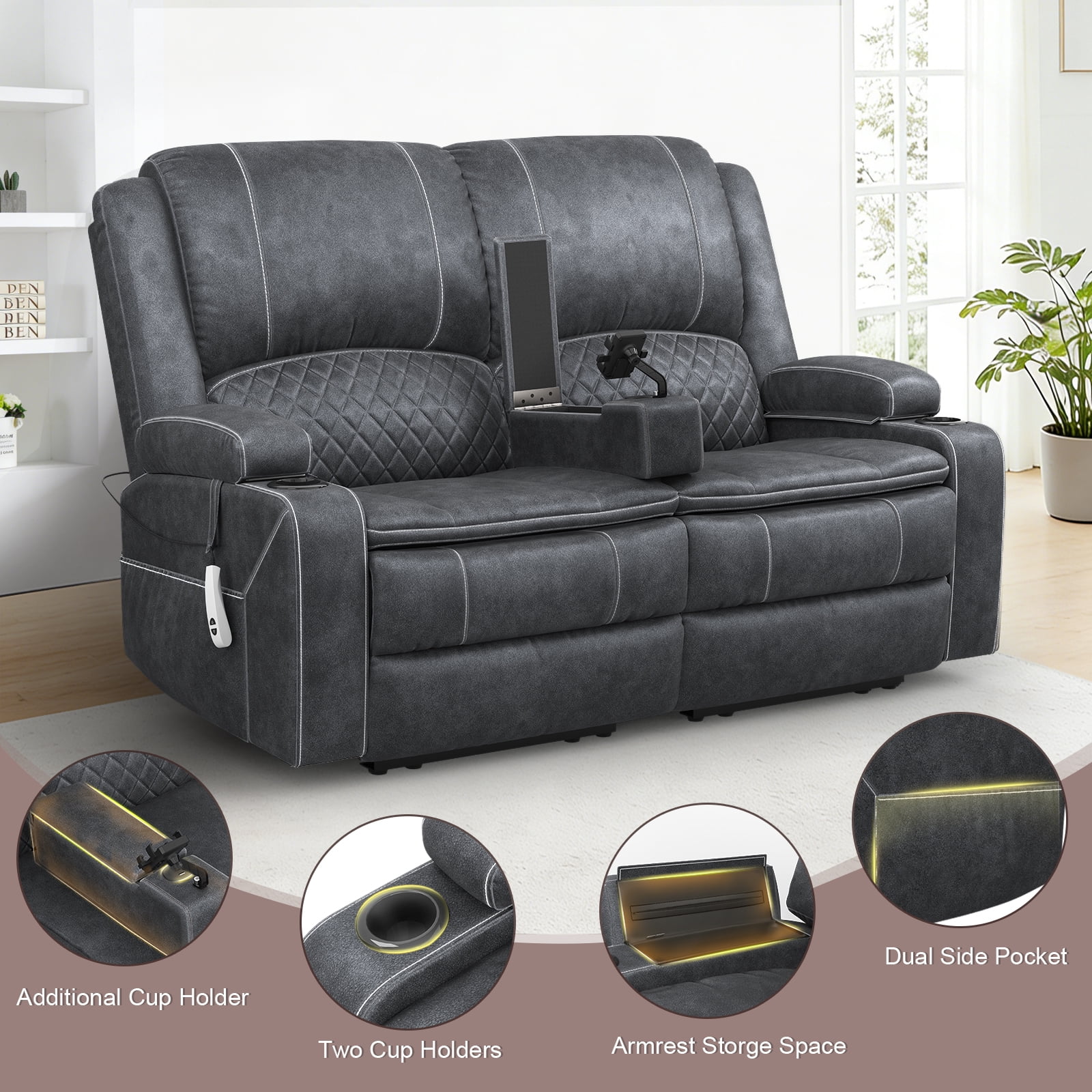 Power Reclining Loveseat for Home Theater RV with USB Charging, Storage Console, Removable Armrests, Wall-Hugger Design Velvet Grey