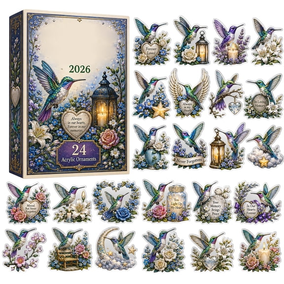 Memorial Hummingbird Advent Calendar, 24-Day Countdown Set with 24 Assorted 2D Acrylic Bird Ornaments for Holiday Gifts and Decor
