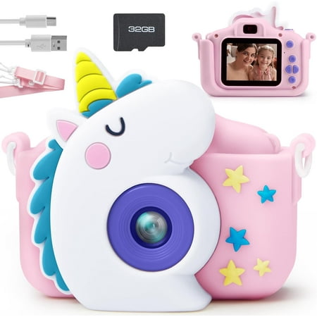 JOYFY 1080P HD Kids Camera with Cute Silicone Case, Christmas Birthday Gifts for Girls 3-10 Year Old, Selfie Video Camera with 32GB SD Card (Unicorn)