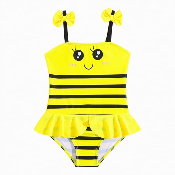 NOLDARES Little Girls Crossback One Piece Swimsuit Beach Bathing Suit Kids Swimwear(Yellow,18-24 Months)