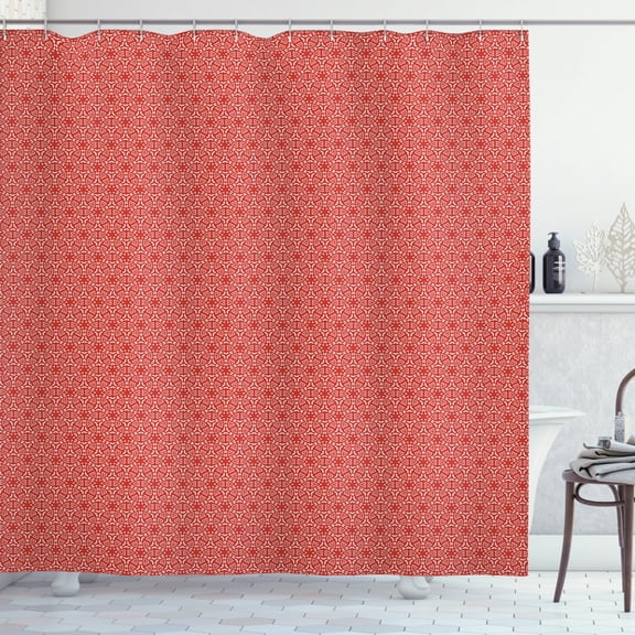 Abstract Shower Curtain, Ethnic Eastern Style Composition of Oriental Motifs Kaleidoscopic Arrangement, Fabric Bathroom Set with Hooks, 69W X 70L Inches, Vermilion White, by Ambesonne
