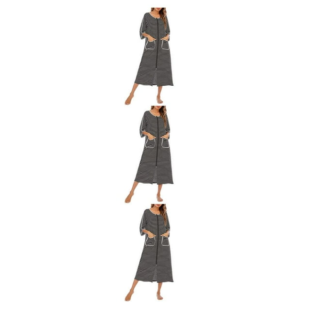 yingyy 1/2/3 Polyester Robe de Nuit Femme Décontractée Col Rond Manches Longues Double Poche Respirante Robe de Maison Vêtements de Nuit Noir G 3 Pcs