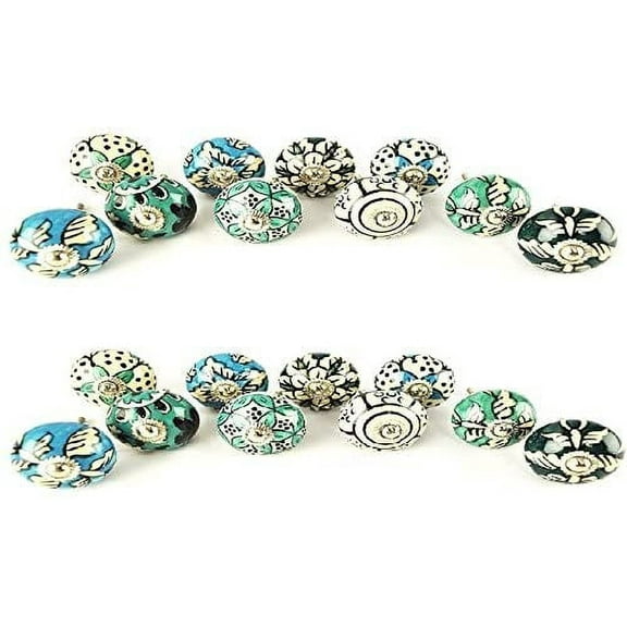 JGARTS 20 Ornate Aqua Blue Green Assorted Colour Floral Ceramic Knobs for Cabinets & Cupboards - Hand Painted Pulls