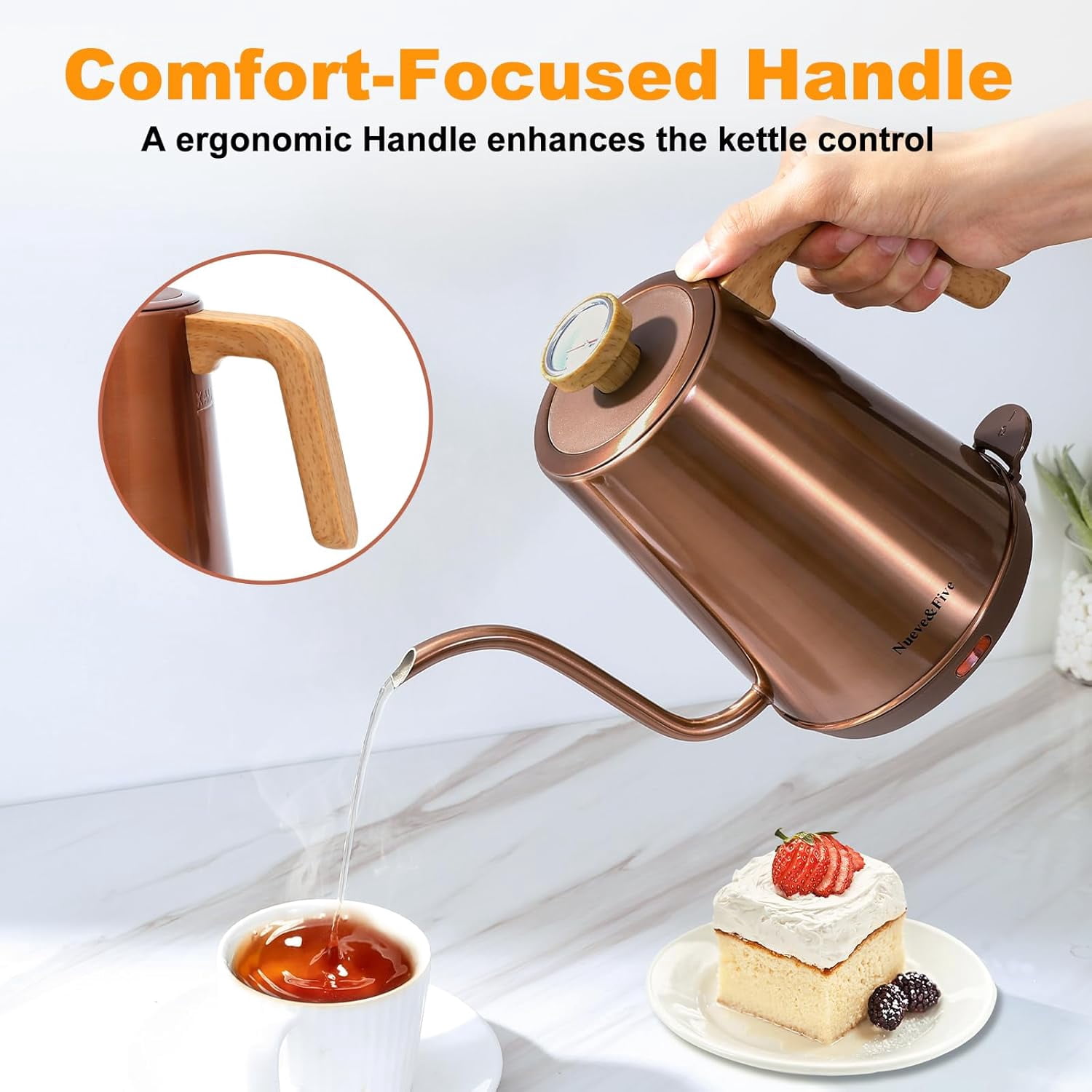 Gooseneck Electric Kettle with Thermometer, Copper Tea Kettle with Auto Shut-Off, 1000W Hot Water Kettle Electric of Stainless Steel