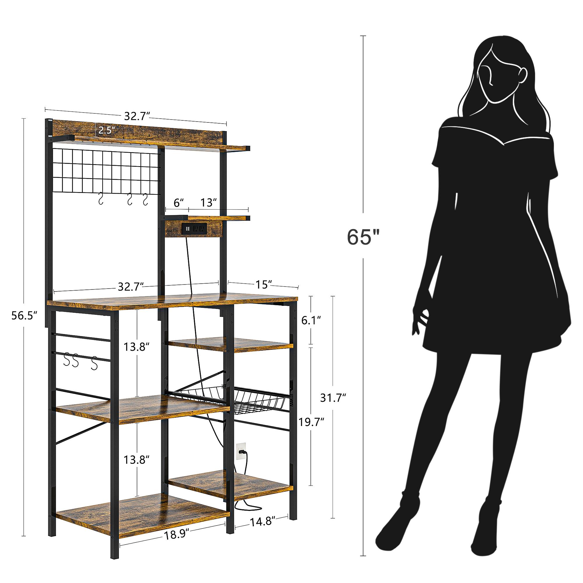 Finihen Large Bakers Rack with Power Outlets, 6-Tier Microwave Stand, Coffee Bar with 8 S-Shaped Hooks, Kitchen Shelf with Wire Basket, Brown Finihen Large Bakers Rack with Power Outlets, 6-Tier Microwave Stand, Coffee Bar with 8 S-Shaped Hooks, Kitchen Shelf with Wire Basket, Brown