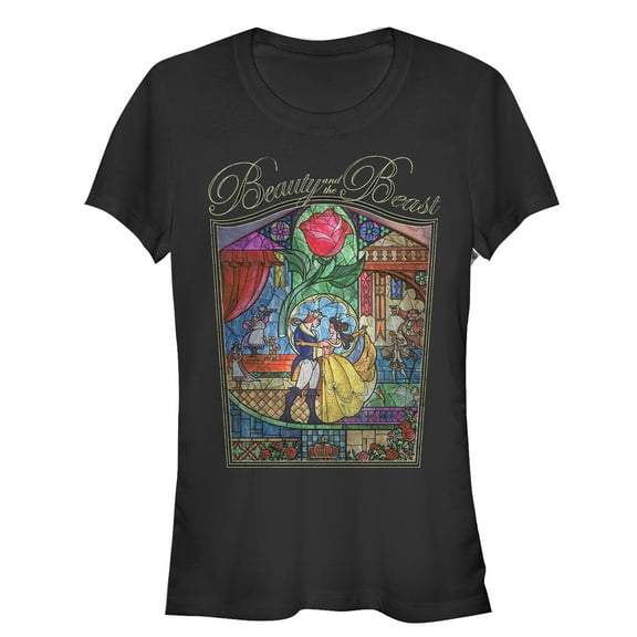 Junior's Beauty and the Beast Glass Window  Graphic Tee Black 2X Large