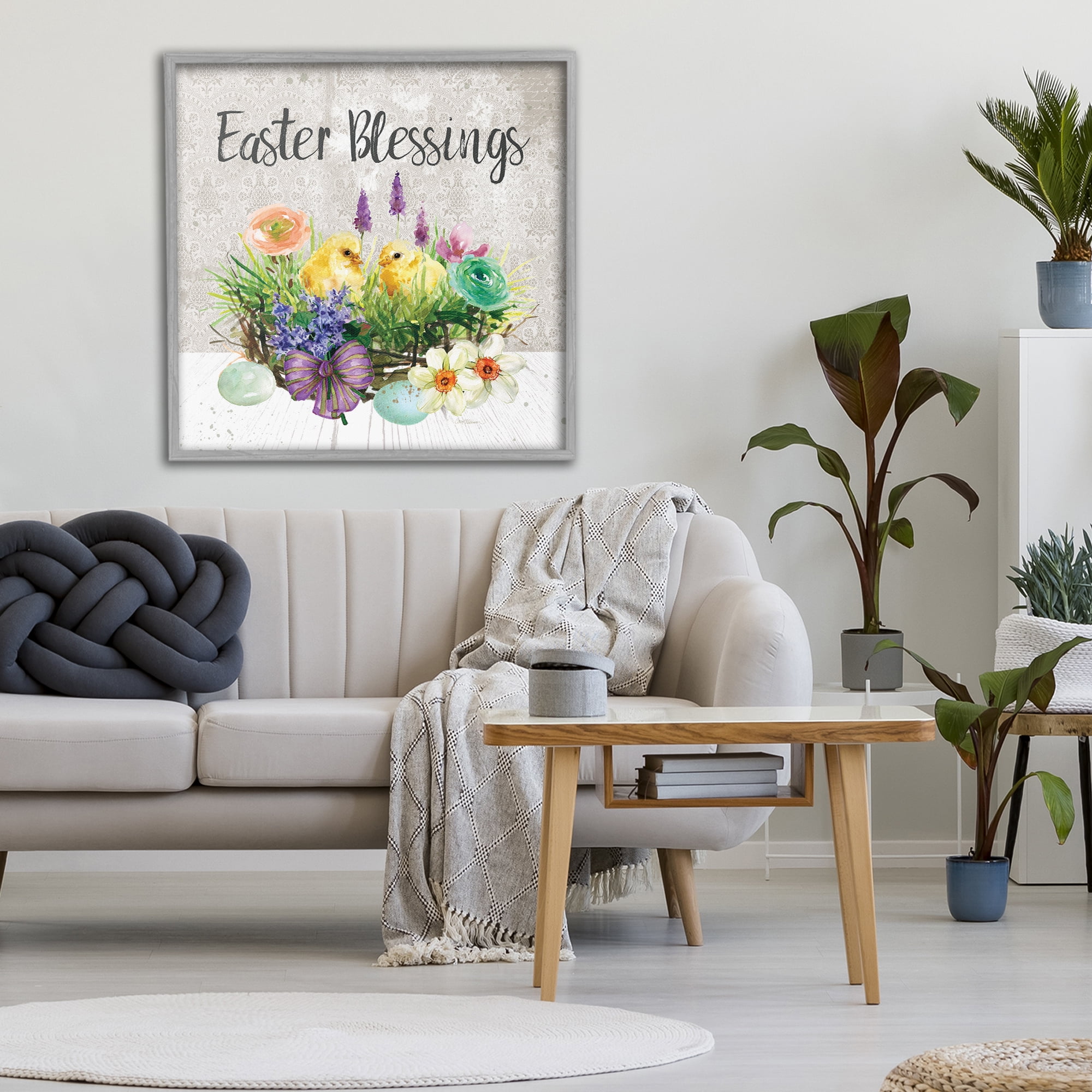 Stupell Industries Easter Blessings Basket of Flowers Gray Framed Giclee Art, design by Carol Robinson