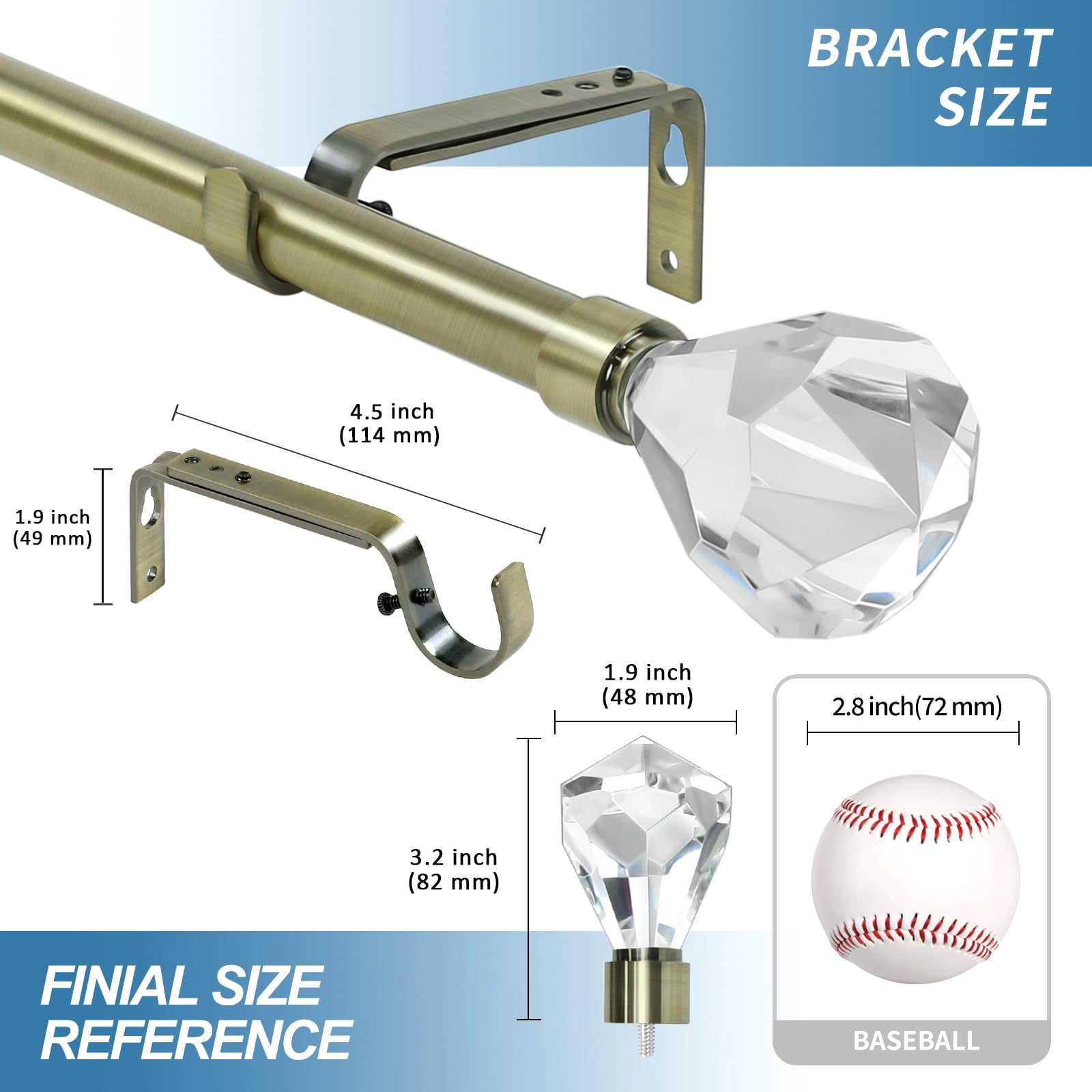 Urbanest Real Crystal Diamond-cut Elegant Designer Curtain Rod – Solid Metal Rod with Genuine Crystal Finials – 3/4" Adjustable , Heavy-Duty, Decorative, Sparkling Design, 48" to 84", Antique Brass