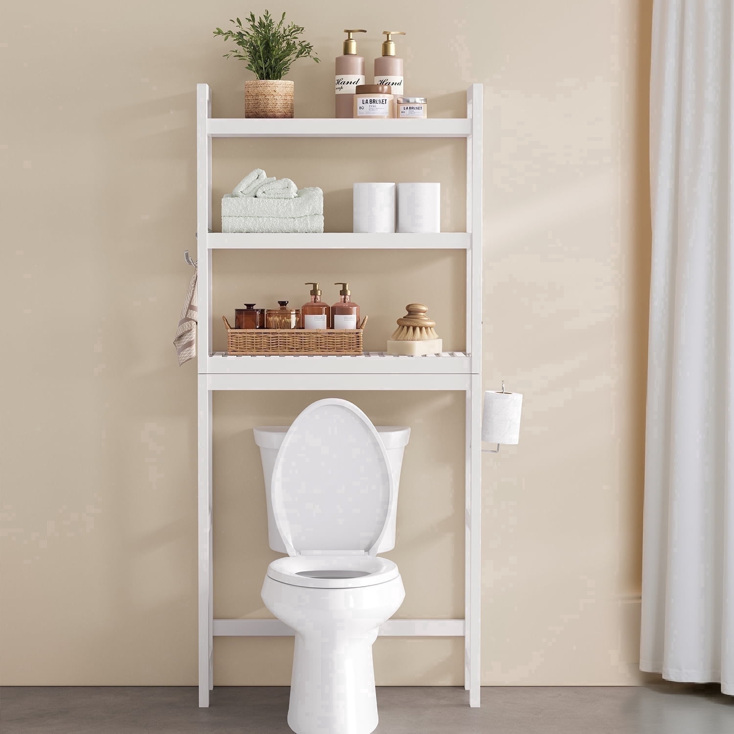 LEDREM Over The Toilet Storage Shelf, 3-Tier Bathroom Organizer Adjustable Saver Space Rack with Toilet Paper Holder,Cloud White