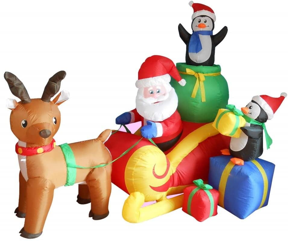 6 Foot Long Christmas Inflatable Santa on Sleigh with Reindeer and