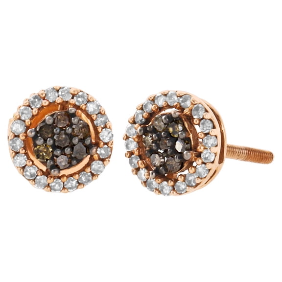 10K Rose Gold Brown Diamond Flower Studs Halo Cluster 7mm Earrings 0.25 Ct.