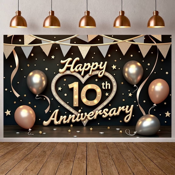 Golden Glitter Happy 10th Anniversary Banner Heart-shaped Design Anniversary Backdrop Star Decorations Metallic Balloons Celebration Display for Wedding Anniversary Indoor Party Photo Shoot