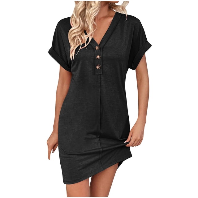 Liquidation d'Été 2025! Robe Grande Taille pour Femmes, Liquidation de Robe d'Été pour Femmes, Mode Décontractée Robe Unie à Manches Courtes Col en V