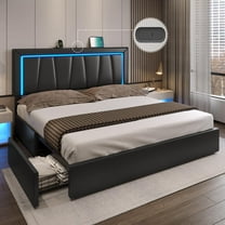 California King Bed Frame with 4 Storage Drawers & USB Ports & LED Headboard, Faux Leather Upholstered Platform Bed Frame with 3 Side Light Strip, No Spring Needed, Black