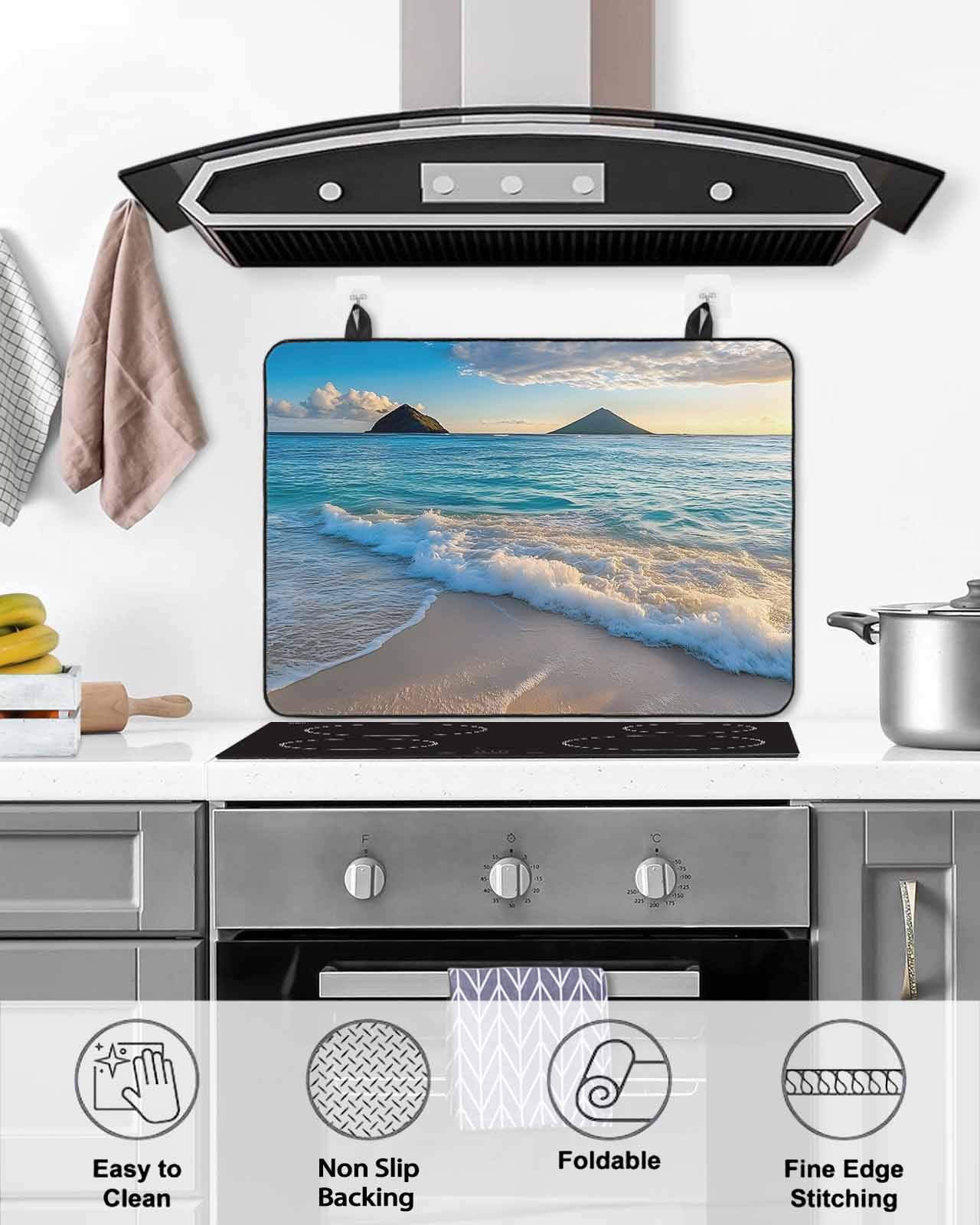nqOlkjepod Large Induction Cooktop Protector Mat 24"x21", Ocean Stove Top Covers for Electric Stove, Blue Sky Mountain Sandy Beach Sea Scenery Stove Burner Cover Mats, Glass Top Stove Cover