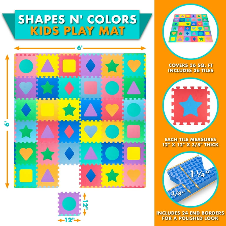 ProSource Kids Foam Puzzle Floor Play Mat with Shapes Colors