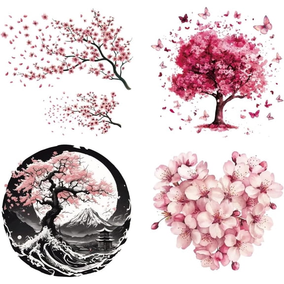 4 Pcs Cherry Theme Iron on Decals Patches Japanese Style Cherry Blossom Tree Branch Heart Cherry Heat Transfer Stickers Plastic Washable Patches for DIY Clothes Decor Backpacks Cover Gray