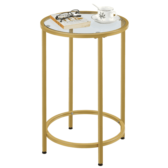 Yaheetech Round Glass Top Bedside Table End Table Accent Table with Metal Frame, Gold
