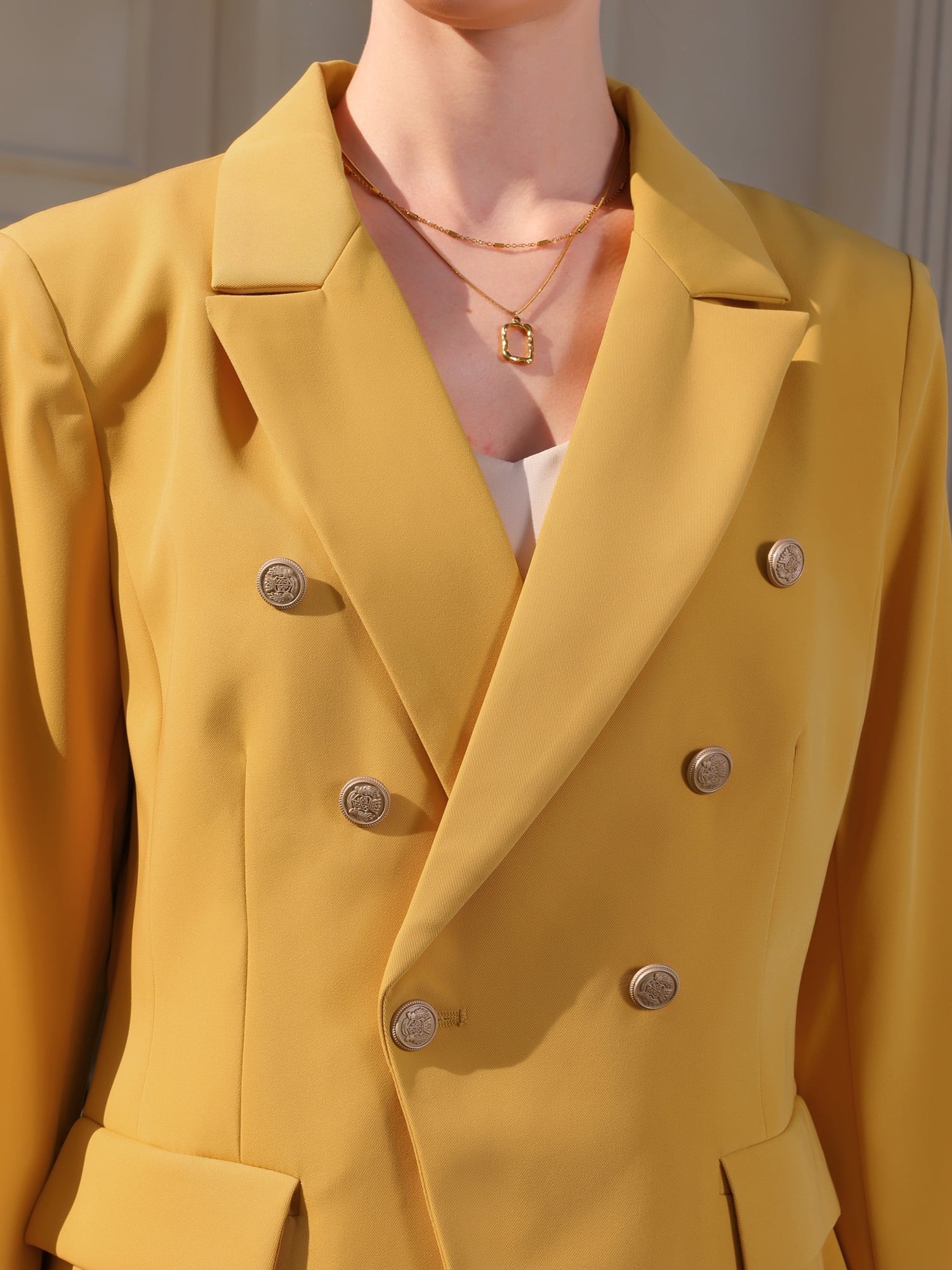 DARING DIVA Women's Spring Double Breasted Blazer for Elegant Looks S Yellow