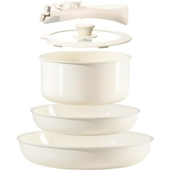 Ceramic Nonstick Cookware Set 5 Piece with Detachable Handle, Induction Dishwasher Oven Safe Pans and Pots Set, RV Kicthen Set Removable Handle, Cream White$$Home Decor, Kitchen, & Other