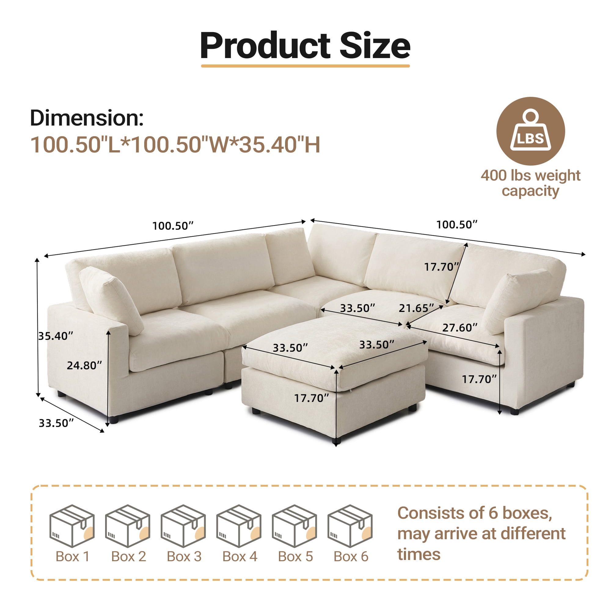 Magic Home 100.5" Modular Sectional Sofa, Modern Chenille U Shaped Cloud Couches Beige Couch for Living Room, Apartment, Office, 6-Seat, Beige
