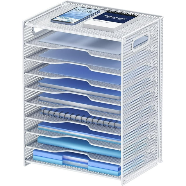 Organizador de papel, bandeja para cartas, organizador de archivos de escritorio de malla con asas para oficina, color blanco