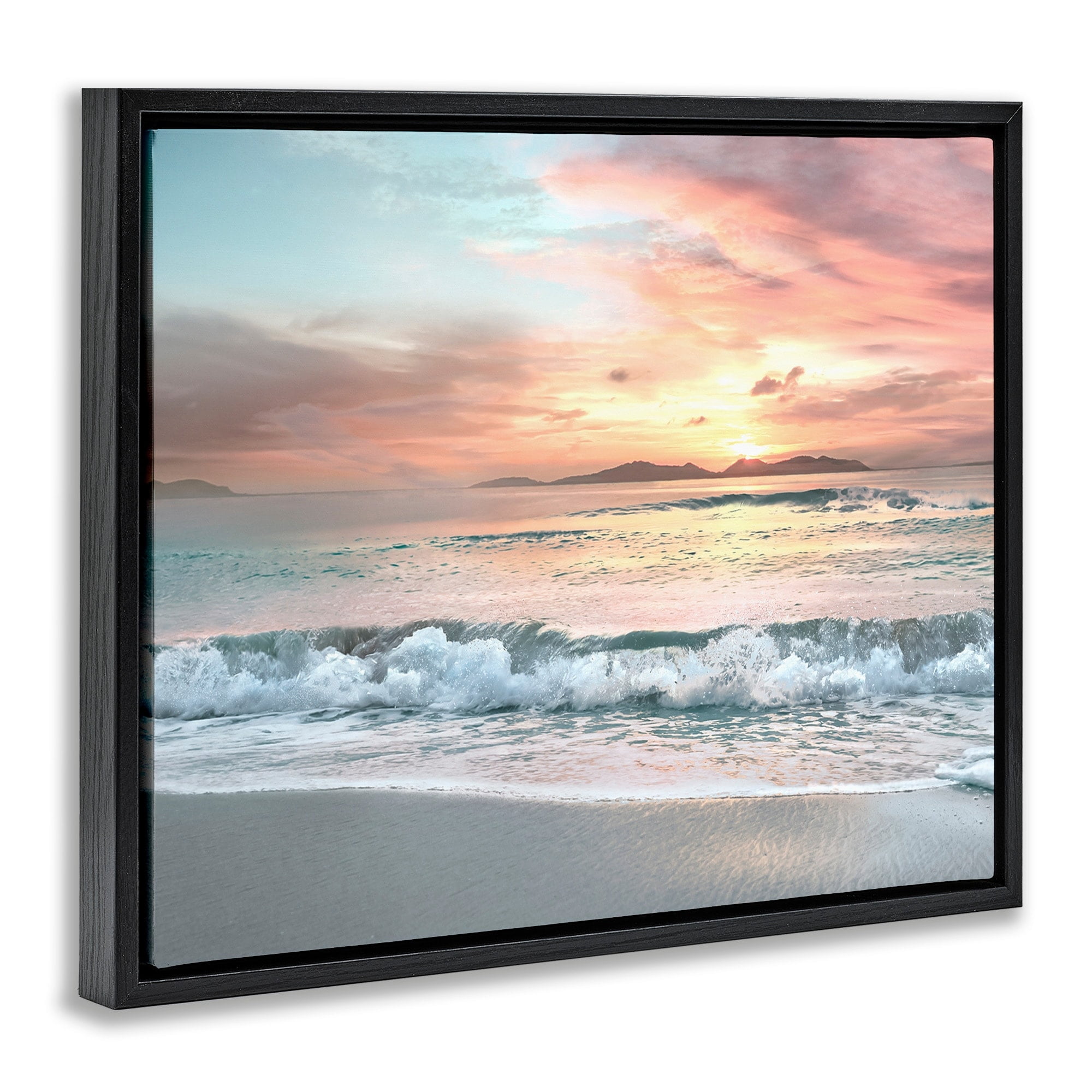 Stupell Industries Morning Sunrise Beach Landscape Distant Mountains Rolling Tide Jet Black Framed Floating Canvas Wall Art, 24x30, by Mike Calascibetta