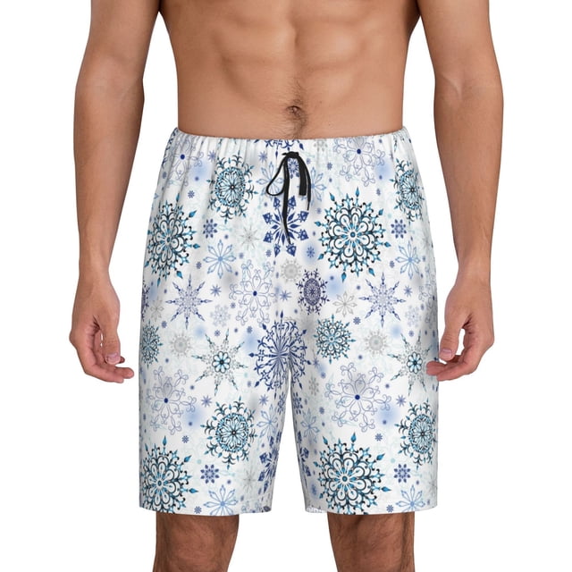 Balery Retro ice blue snowflakes Pantalones cortos de pijama de punto de algodón para hombre con cinturilla y bolsillos-Small