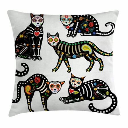 Calavera Bowl - Sugar Skull Decor Throw Pillow Cushion Cover, Calavera Ornate Black Cats in Mexican Style Holiday the Day of the Dead, Decorative Square Accent Pillow Case, 18 X 18 Inches, Multicolor, by Ambesonne