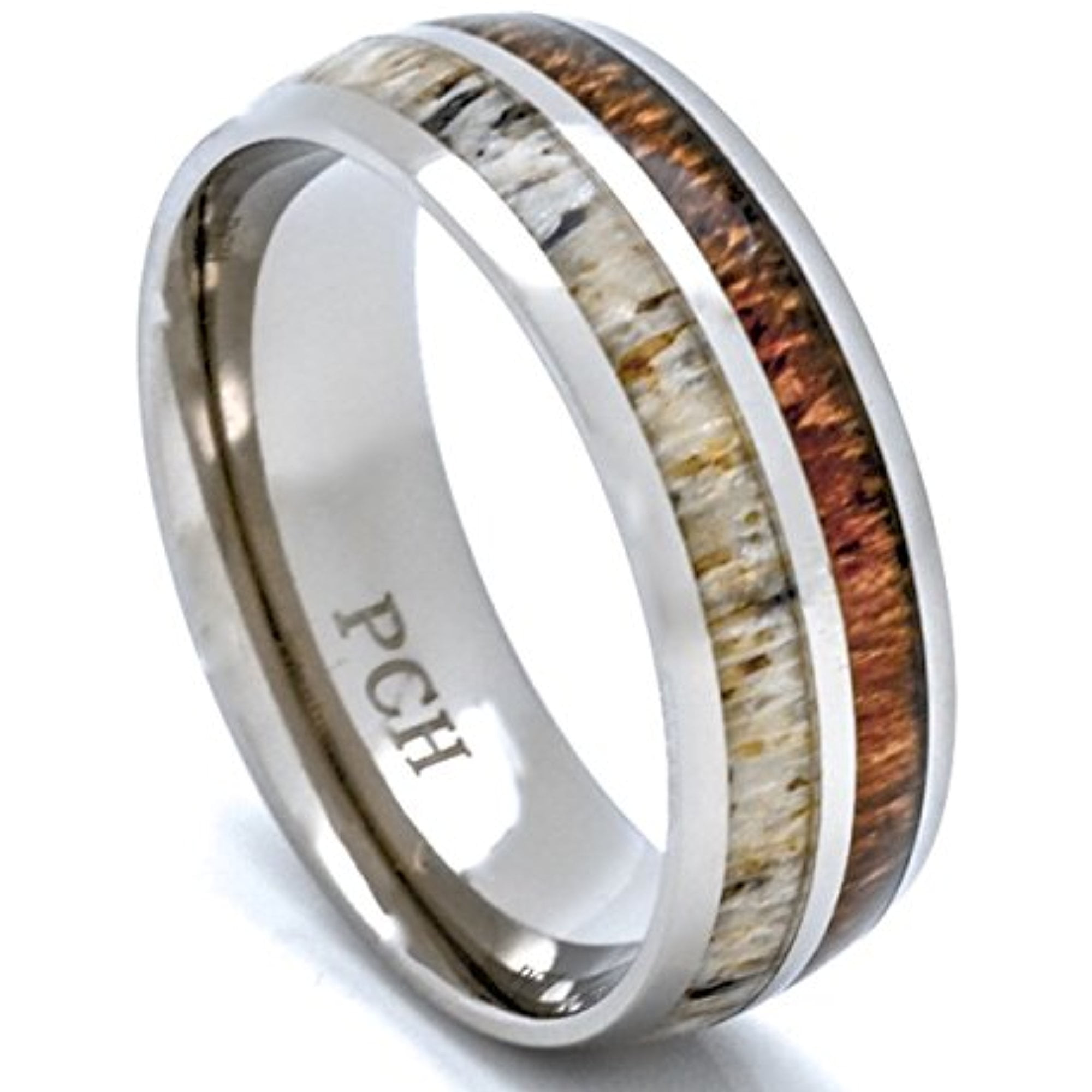HIJONES Unisex Stainless Steel Rings Koa Real Wood Wedding Engagement Ring Band High Polished Finish