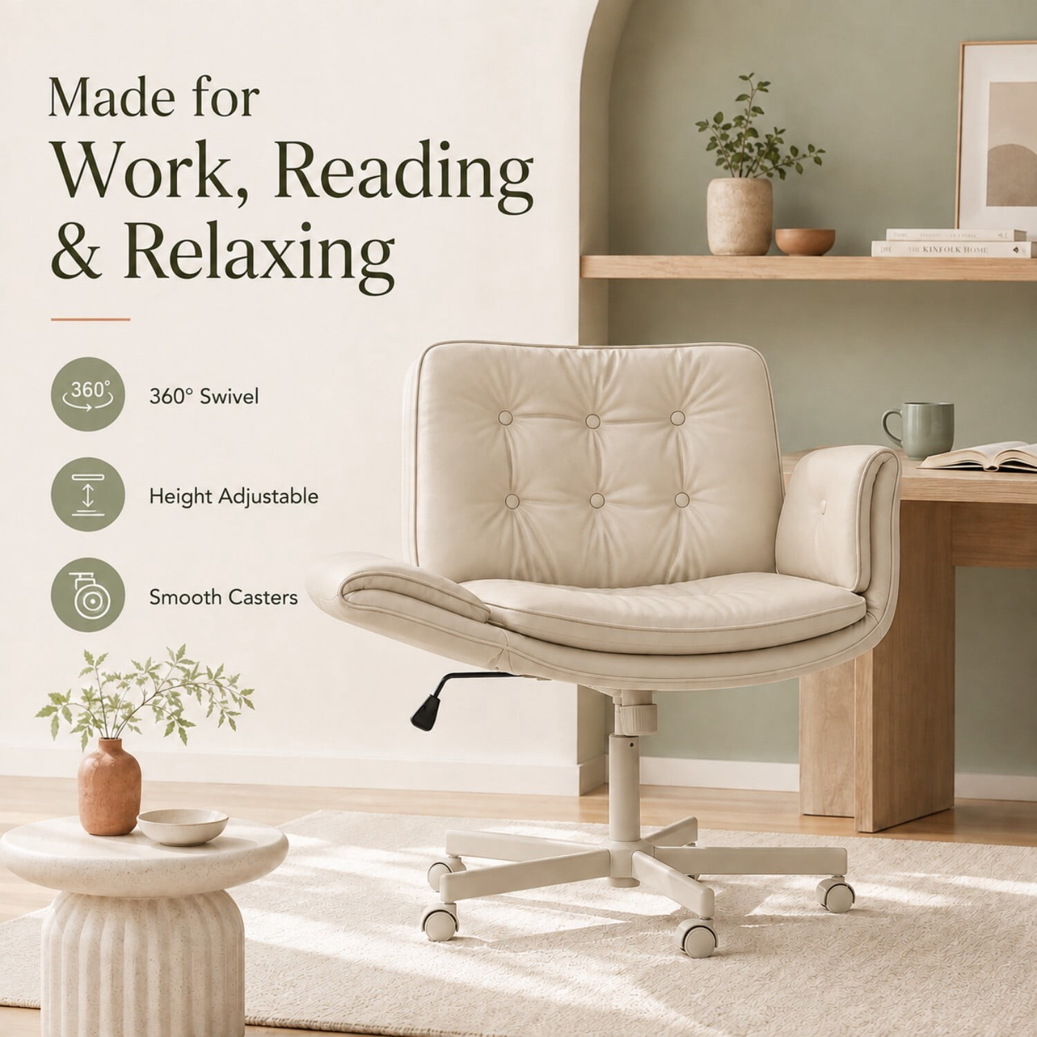 Easy4Home Criss Cross Office Chair with Wheels and Adjustable Armrests, Wide Seat PU Leather Swivel Computer Desk Chair, Beige