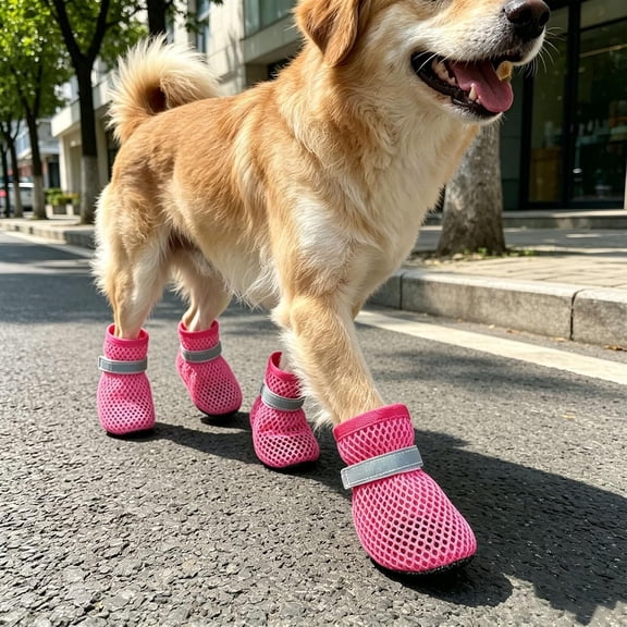 Dog Shoes for Hot Pavement, 4-Pack Breathable Mesh Dog Shoes with Anti-Slip Sole & Reflective Strap, Waterproof Paw Protectors for All Seasons Hot Pavement Rain